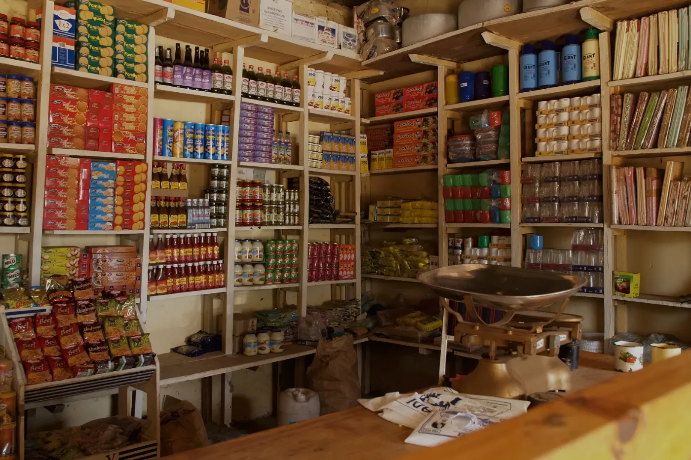 Shelves of groceries inside a village store in Lokichogio, Kenya